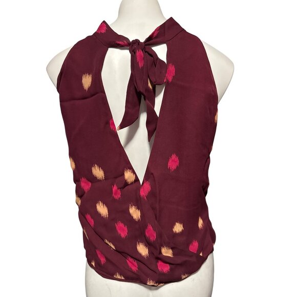 Parker Sleeveless Halter Top With Open Back & Tie Detail Burgundy With Gold & Pi - Picture 3 of 9